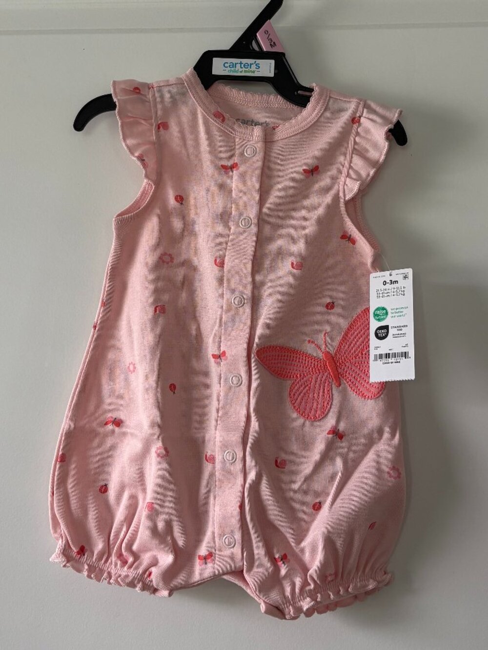 Carter's Baby Girl Pink Butterfly Flutter-Sleeve One-Piece Romper Size 0-3 Month